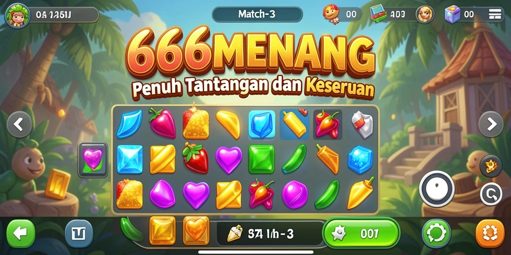 Tangkapan layar gameplay 666MENANG dengan elemen Match-3 penuh warna.