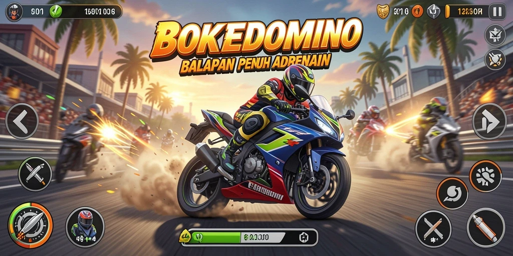 Tampilan gameplay menegangkan di BOKEDOMINO dengan balapan motor cepat.