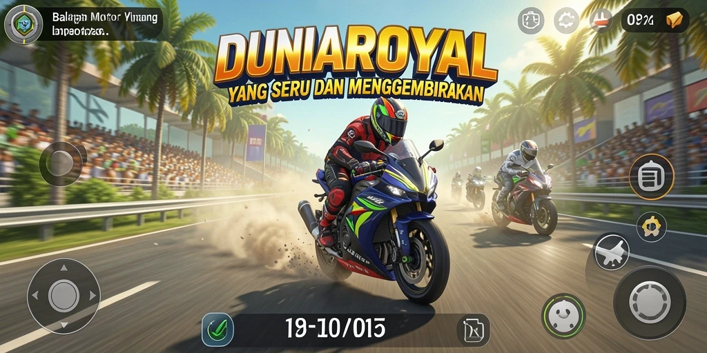 Screenshot gameplay DUNIAROYAL menampilkan balapan motor yang intens.