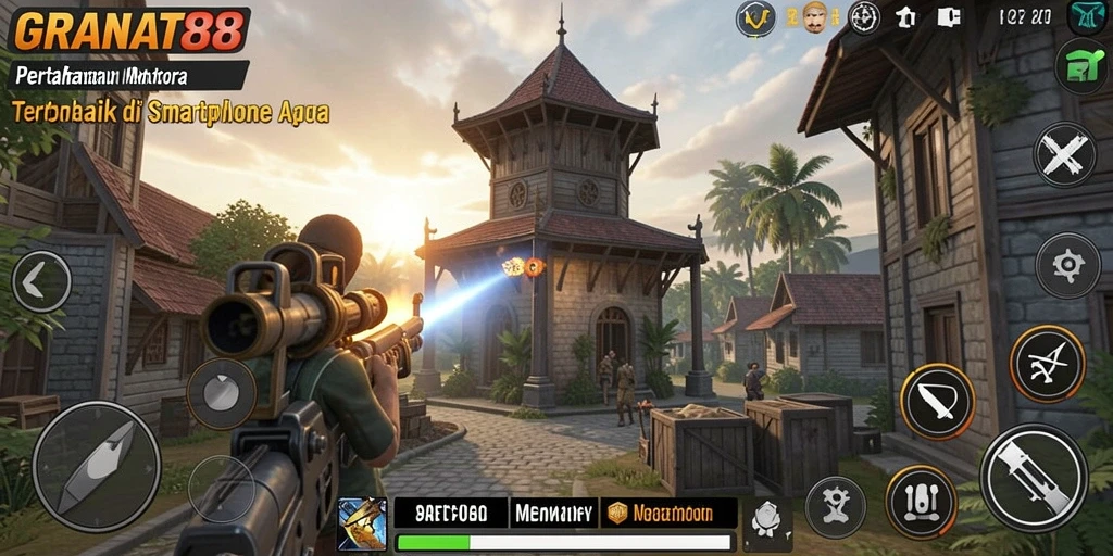 Tampilan gameplay GRANAT88 dengan menara pertahanan yang aktif.