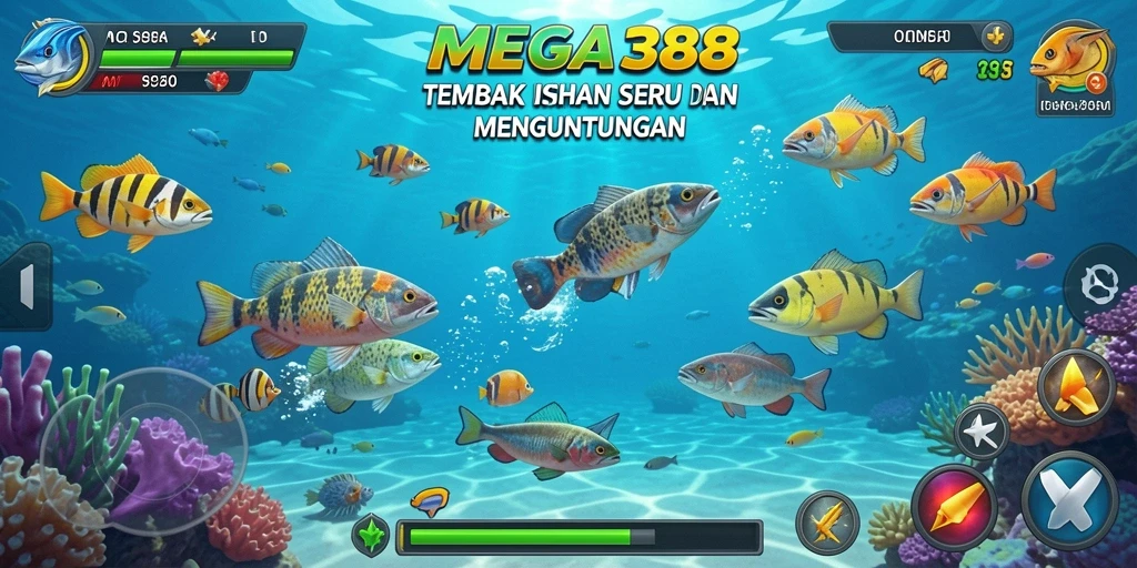 Screenshot menunjukkan aksi seru menangkap ikan besar dalam MEGA388.